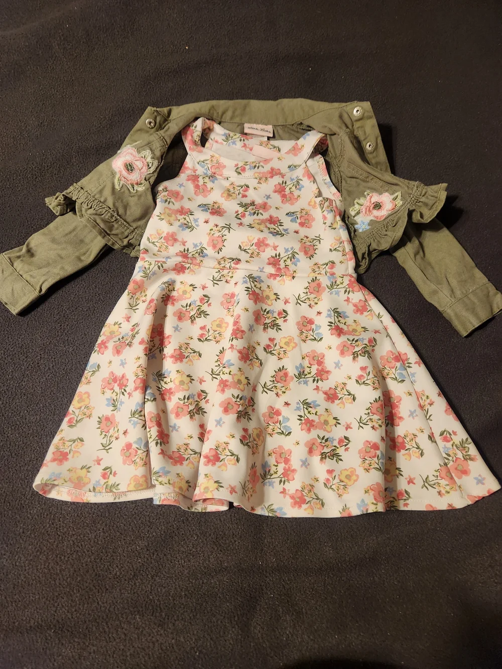 Little Lass White Floral Dress with Olive Jacket - Picture 2 of 3